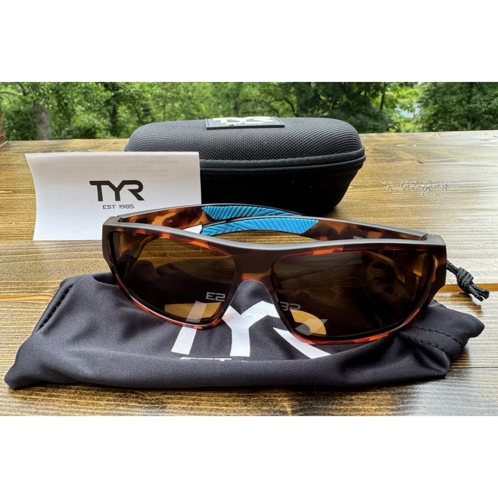 TYR Knox Polarized Sport Sunglasses Tortoise Brown Blue Wrap w Case UV400‎